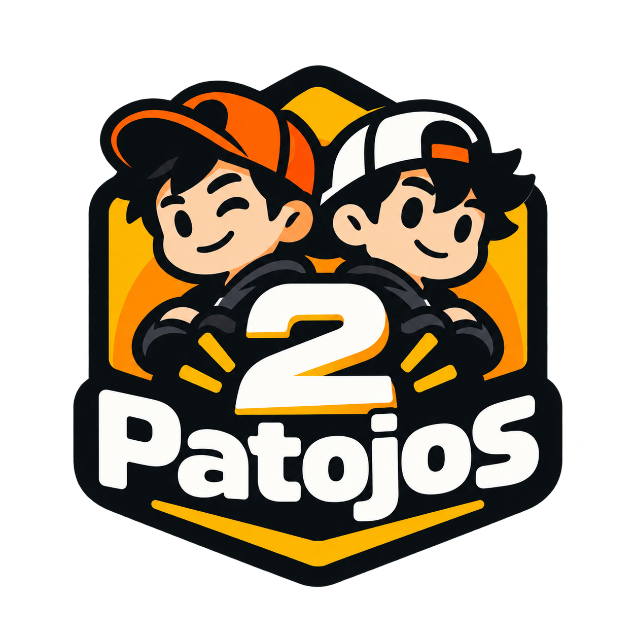 The two 2 Patojos mascots, side by side in orange and white caps